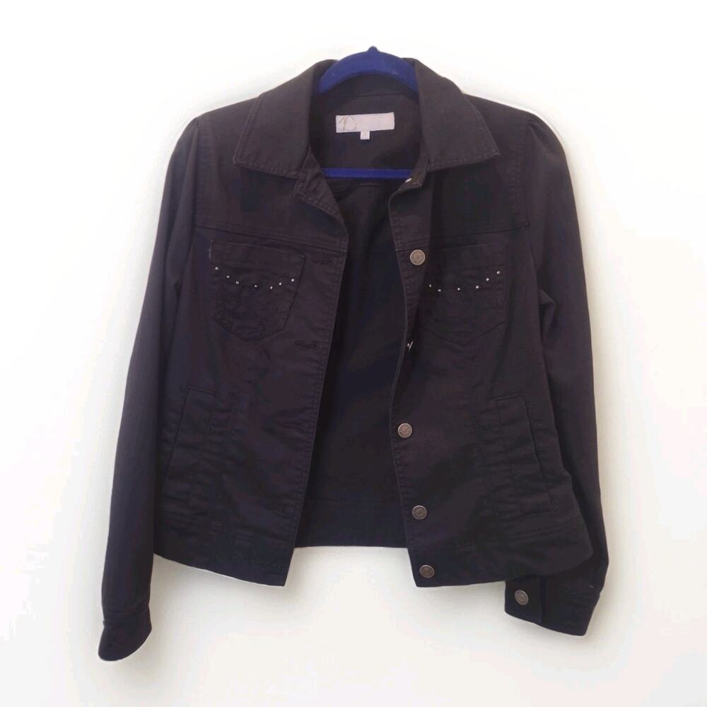 Black Denim Jacket Women's Small Button Front Studded Chest Pockets Duplex